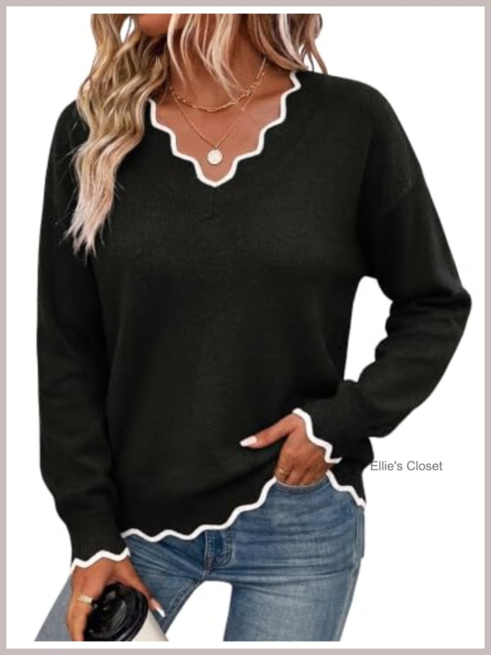 V Neck Long Sleeve Knit Pullover Sweater Loose Fit